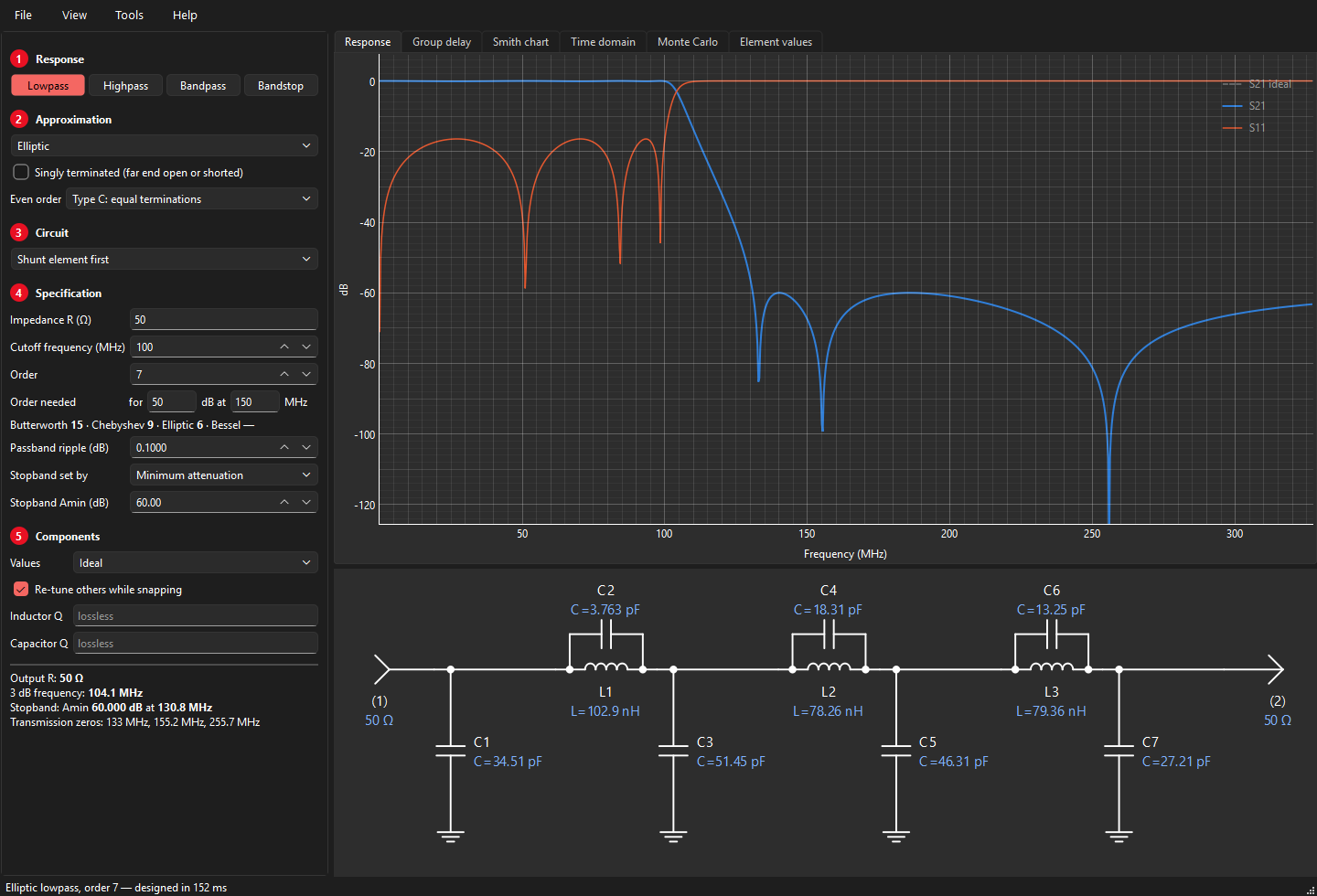 Elliptic lowpass, order 7